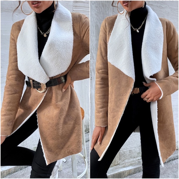 Cozy Camel Tan Vegan Leather Teddy Jacket Coat - Picture 2 of 3